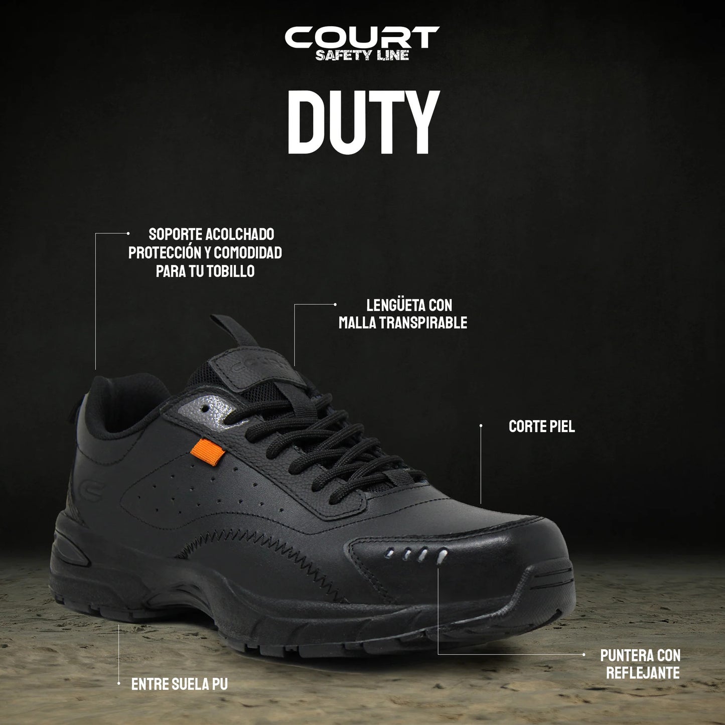 Tenis Trabajo Hombre Court 7153p Confort Ligero Piel Negro