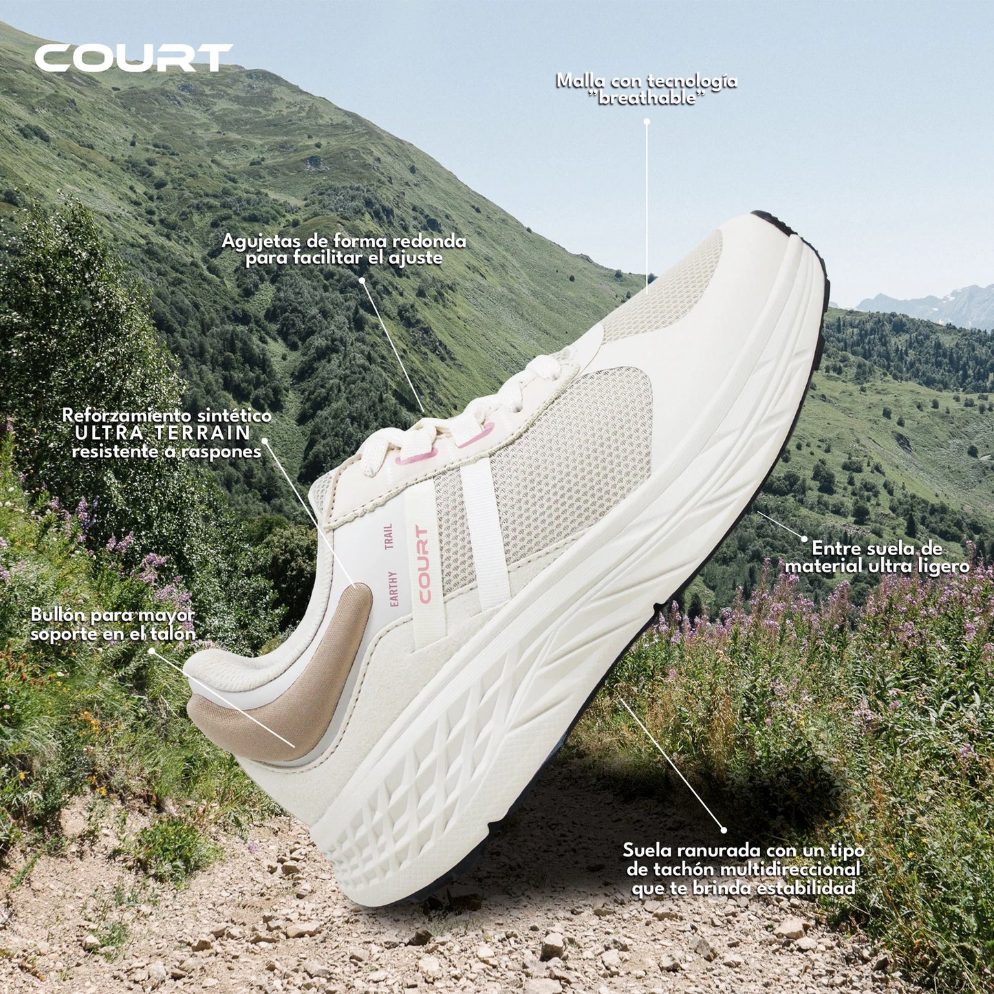 Tenis Trail Running Mujer Court Valy 7691j Ligeros Marfil