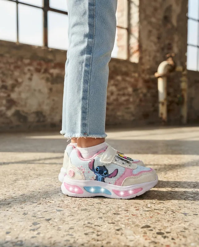 Tenis Bubble Gummers Stitch Niña Bibiana Luces Blanco Rosa