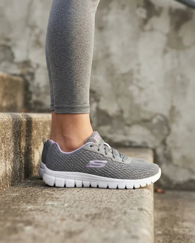 Tenis Skechers Mujer 896028 Gylv Memory Foam Gris Lavanda