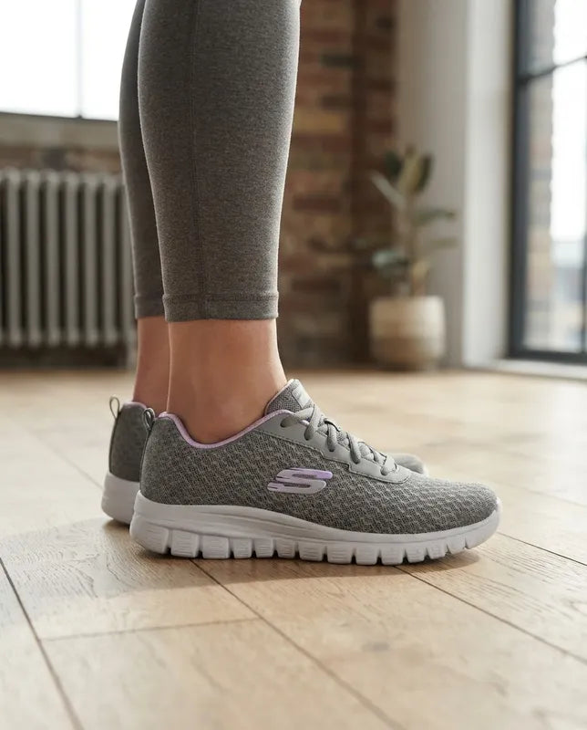 Tenis Skechers Mujer 896028 Gylv Memory Foam Gris Lavanda