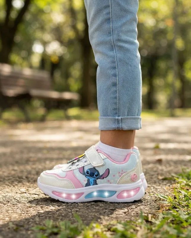 Tenis Bubble Gummers Stitch Niña Bibiana Luces Blanco Rosa