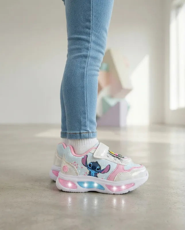 Tenis Bubble Gummers Stitch Niña Bibiana Luces Blanco Rosa