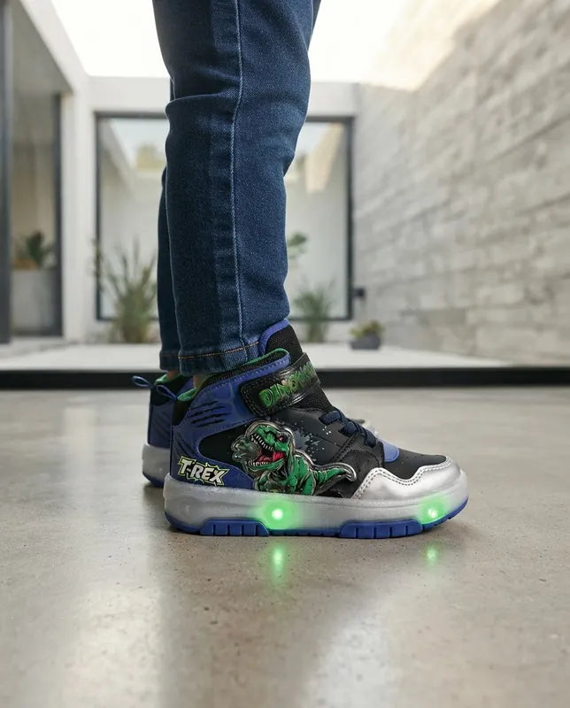 Tenis Dinoworld Niño 6201 T Rex Luces Contactel Azul Negro