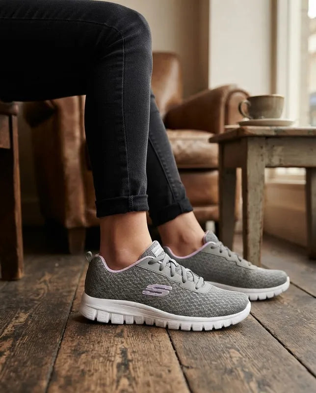 Tenis Skechers Mujer 896028 Gylv Memory Foam Gris Lavanda