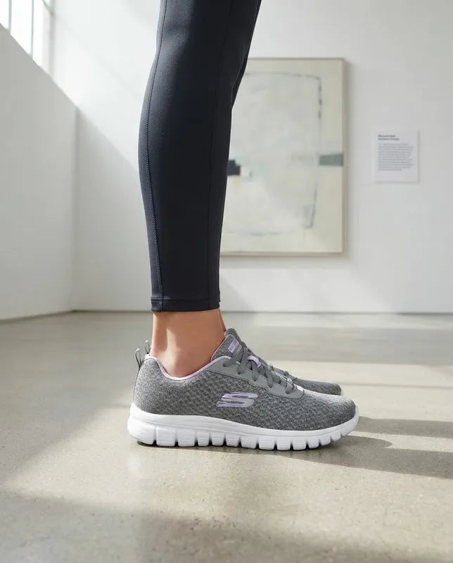 Tenis Skechers Mujer 896028 Gylv Memory Foam Gris Lavanda