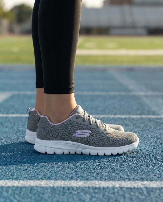 Tenis Skechers Mujer 896028 Gylv Memory Foam Gris Lavanda